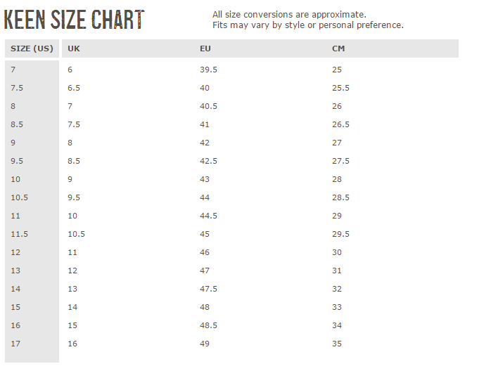 Keen Size Chart Youth A Visual Reference of Charts Chart Master